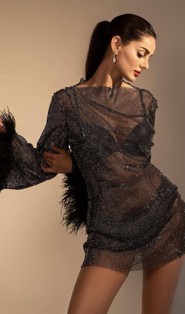 Şeffaf Rhinestone Mini Elbise-Siyah