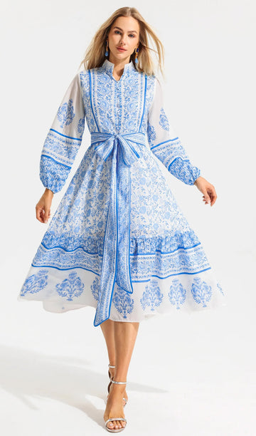 Çiçekli Puf Kollu Fit ve Flare Midi Elbise