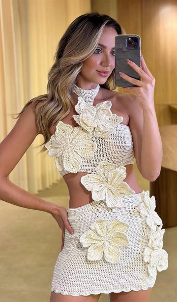 Örme Çiçekli Hollow Out Mini Elbise