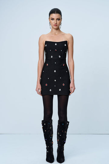 Amna Straplez Rhinestone Bodycon Mini Elbise