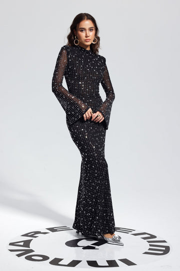 Andie Rhinestone Bodycon Uzun Kollu Maksi Elbise
