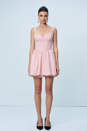 Anjolie Fiyonklu Fırfırlı Mini Elbise Pembe