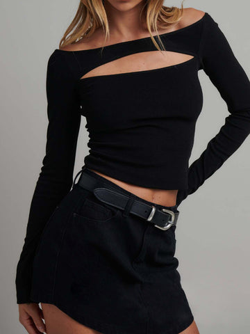 Kapalı Omuz Kesimli Uzun Kollu Crop Top