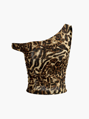 Asimetrik Yaka Leopar Baskılı Bluz
