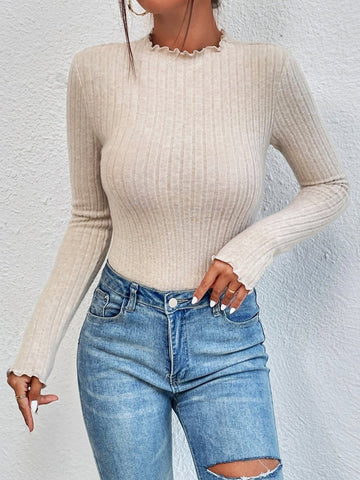 Nervürlü Marul Kesimli İnce Bodysuit