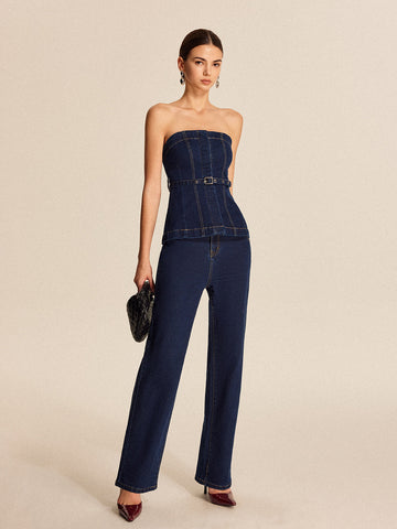 Şık Denim Düz Paça Pantolon, Trendy Kemer ile Birlikte
