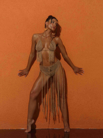 Berlin Örgü Püsküllü Bikini İkili Takım Kahverengi