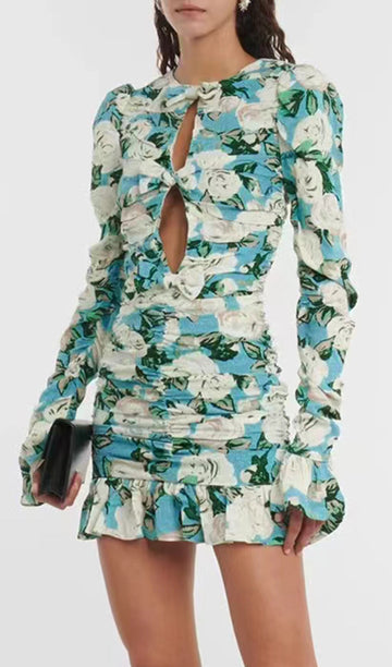 Uzun Kollu Çiçekli Fırfırlı Bodycon Mini Elbise