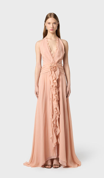 Halter Ruffles Gül Süslemeli Maksi Elbise