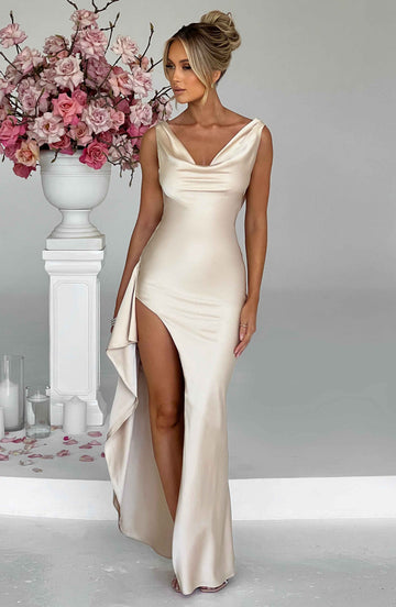 Marilyn - Şampanya Rengi Maxi Elbise