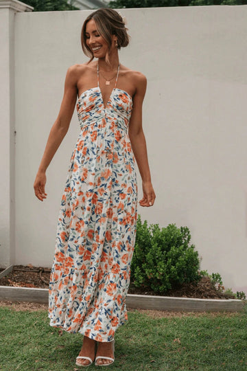 Sue Çiçek Baskılı Halter Yaka Uzun Sundress