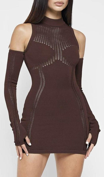 Kolları Dahil Esnek Mini Örgü Elbise
