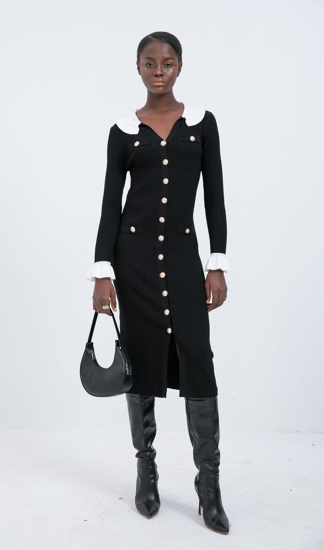 Trendy Jersey Fırfır Yaka Midi Elbise -Siyah