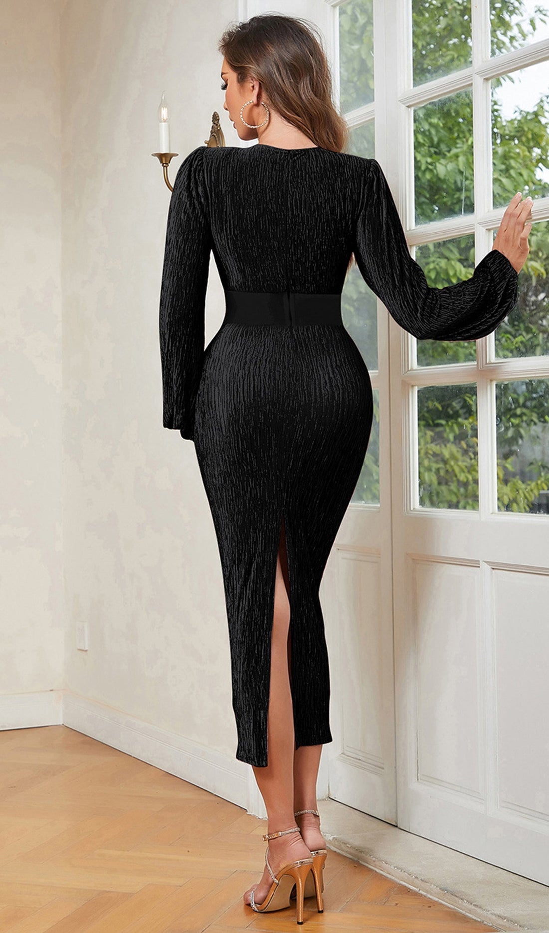 Siyah V Yaka Bodycon Midi Elbise