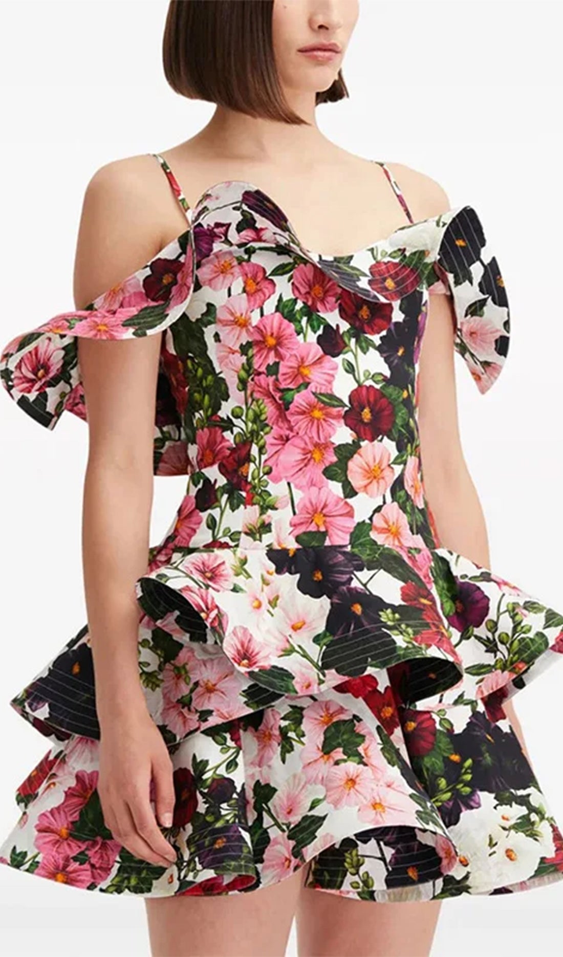 Soğuk Omuz Çiçekli Slip Mini Elbise