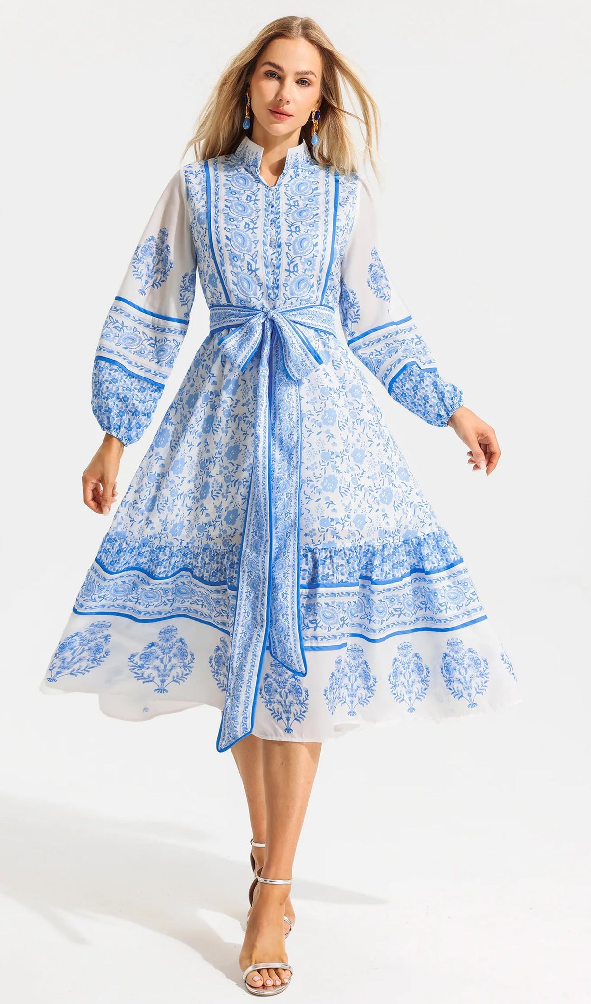 Çiçekli Puf Kollu Fit ve Flare Midi Elbise