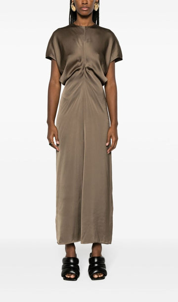 Slouch Bel Saten Midi Elbise-Kahve