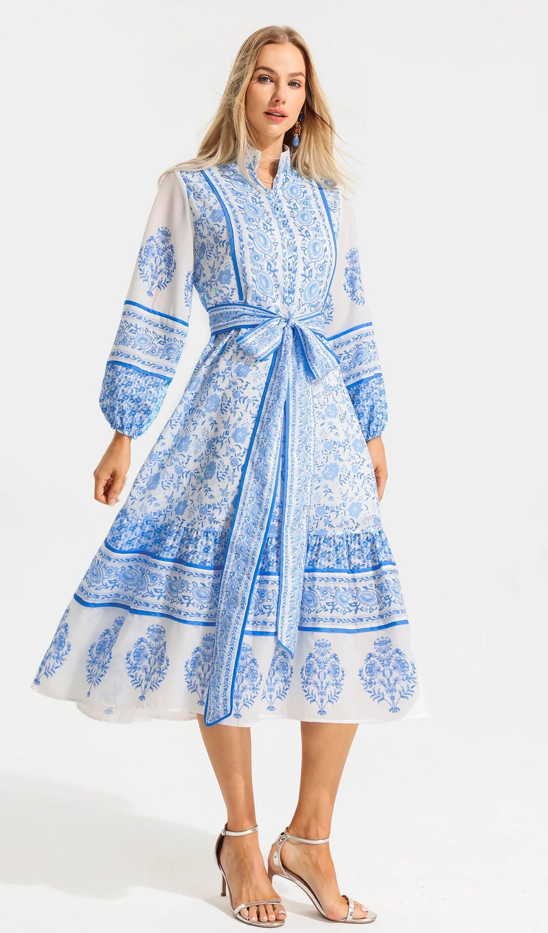 Çiçekli Puf Kollu Fit ve Flare Midi Elbise