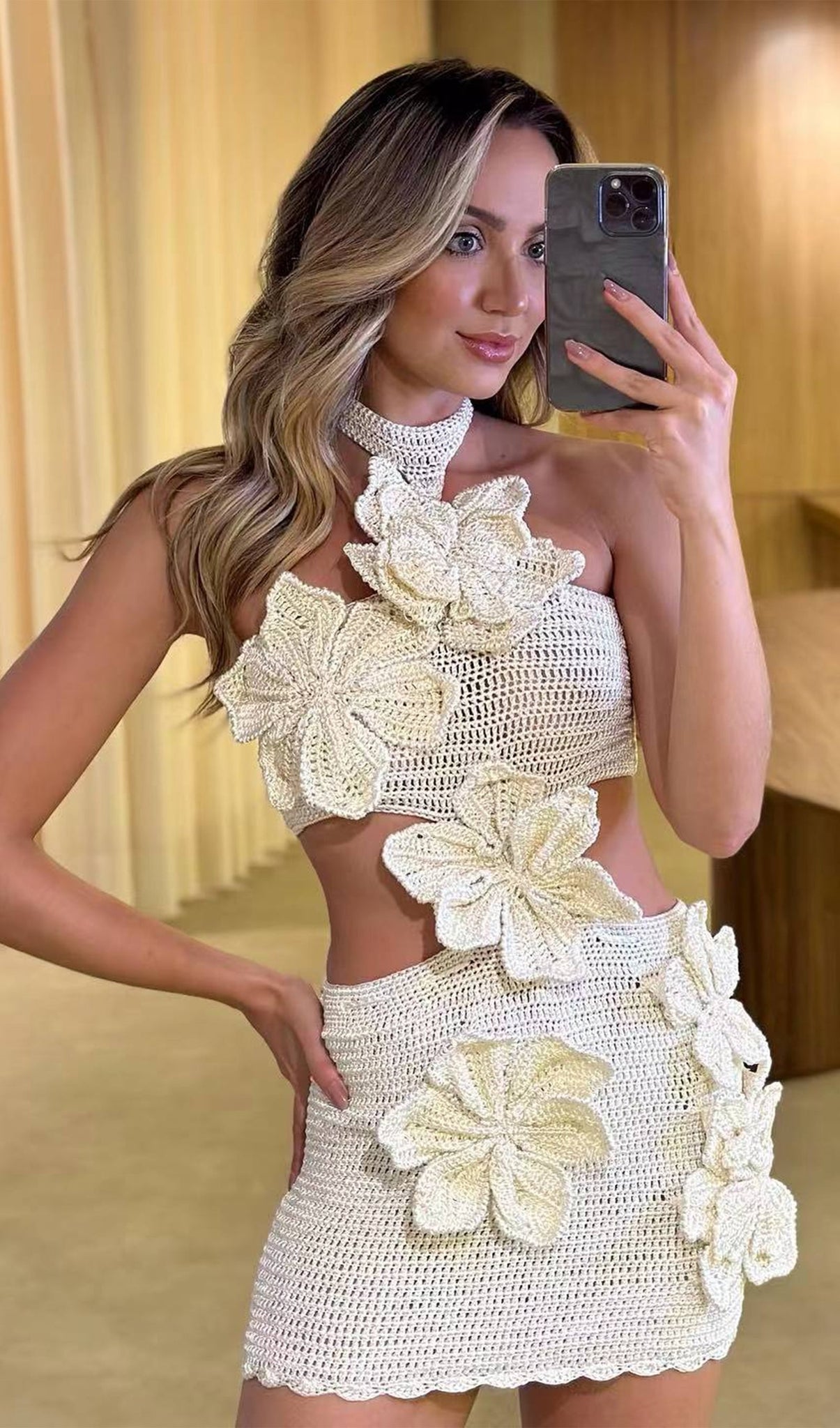 Örme Çiçekli Hollow Out Mini Elbise