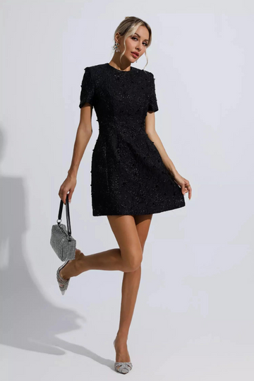 Jacquard - Siyah Mini Elbise