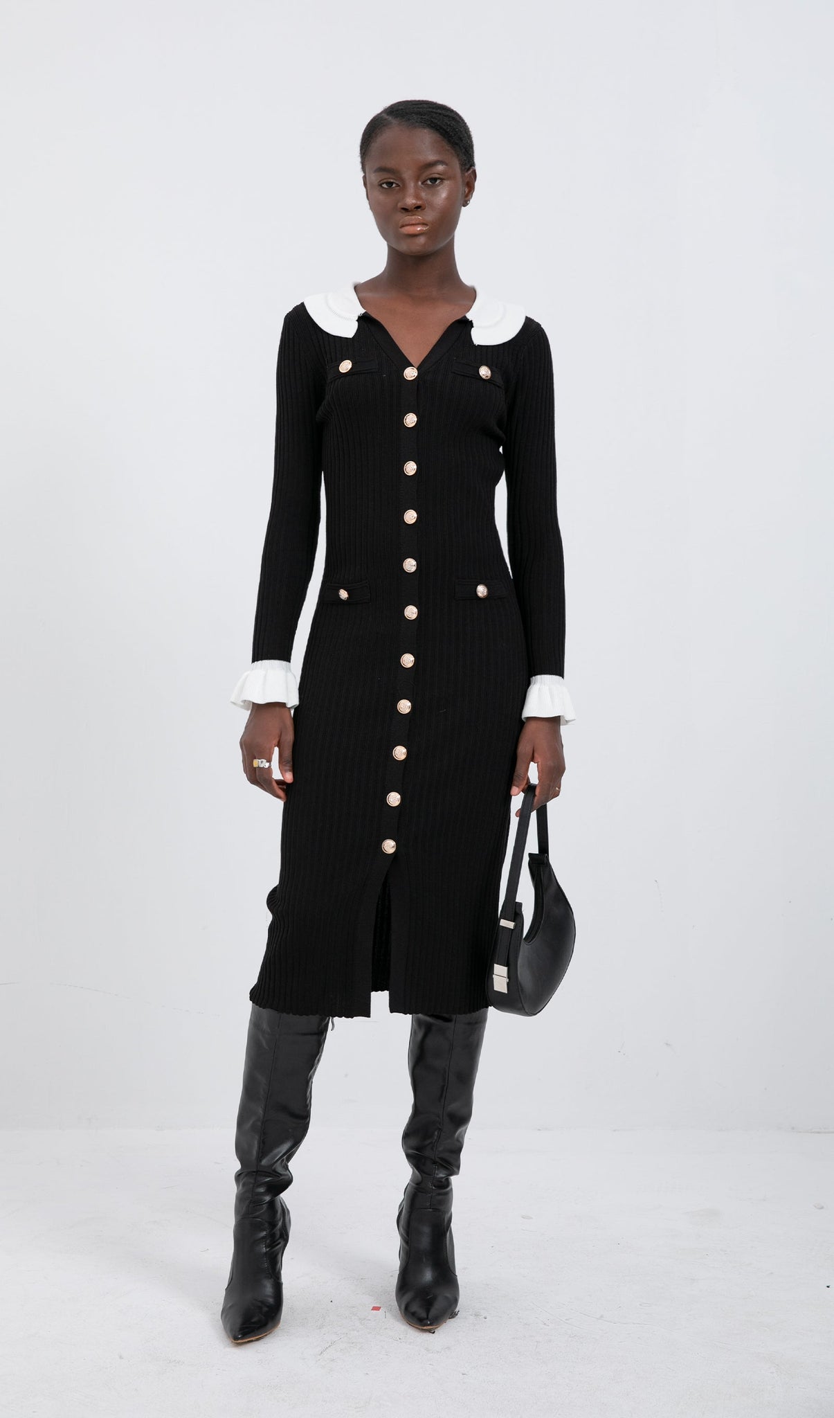 Trendy Jersey Fırfır Yaka Midi Elbise -Siyah