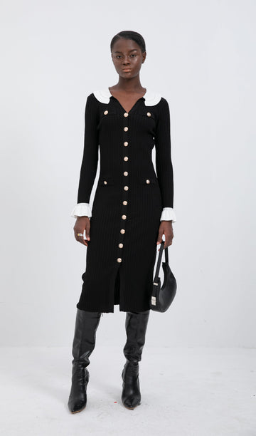 Trendy Jersey Fırfır Yaka Midi Elbise -Siyah