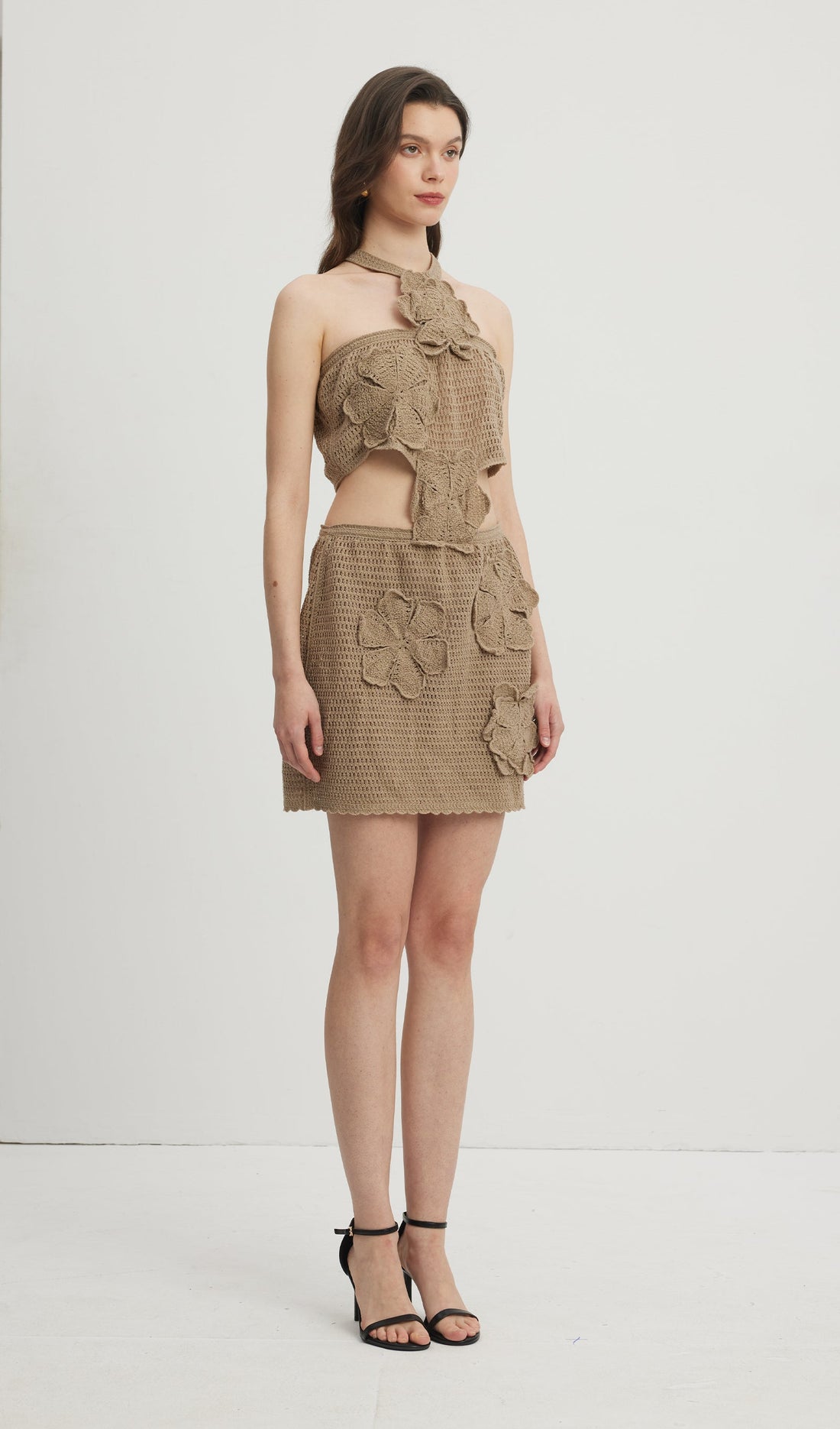 Örme Çiçekli Hollow Out Mini Elbise