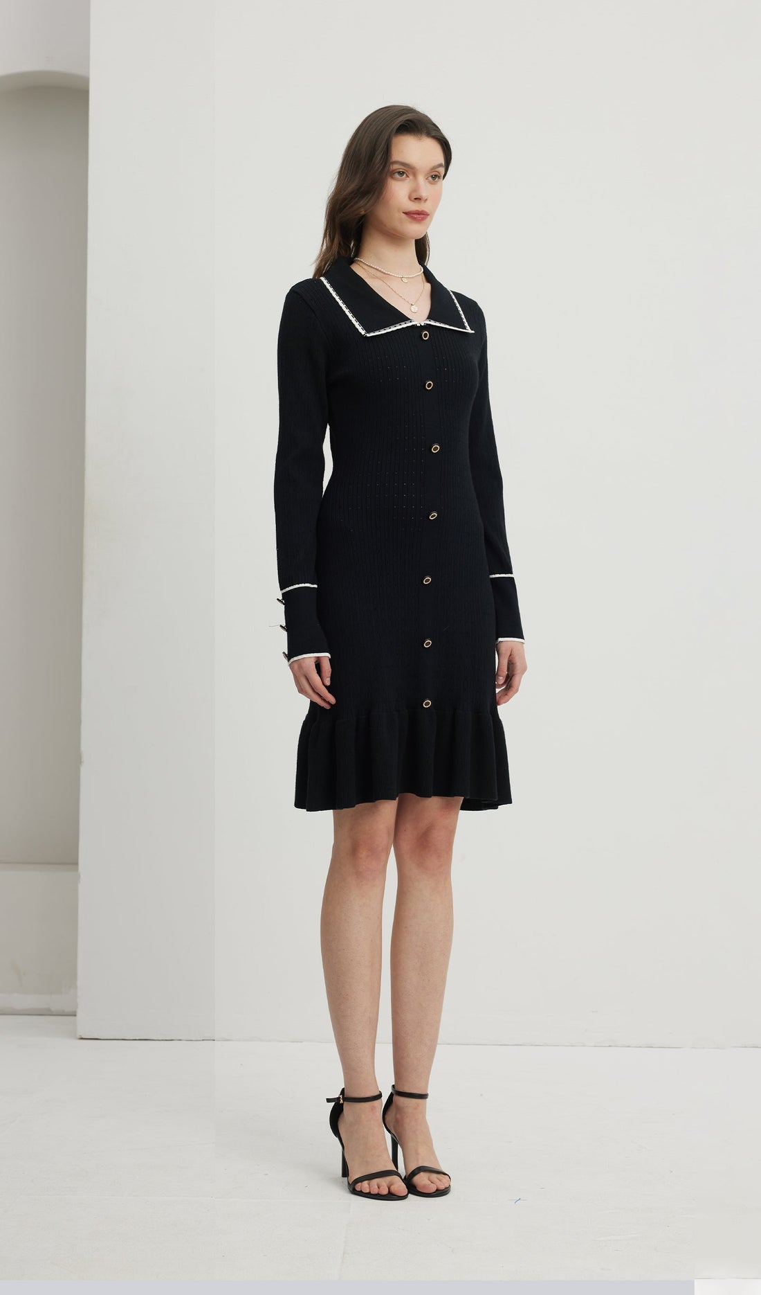 Fitted Textured Jersey Mini Elbise-Siyah