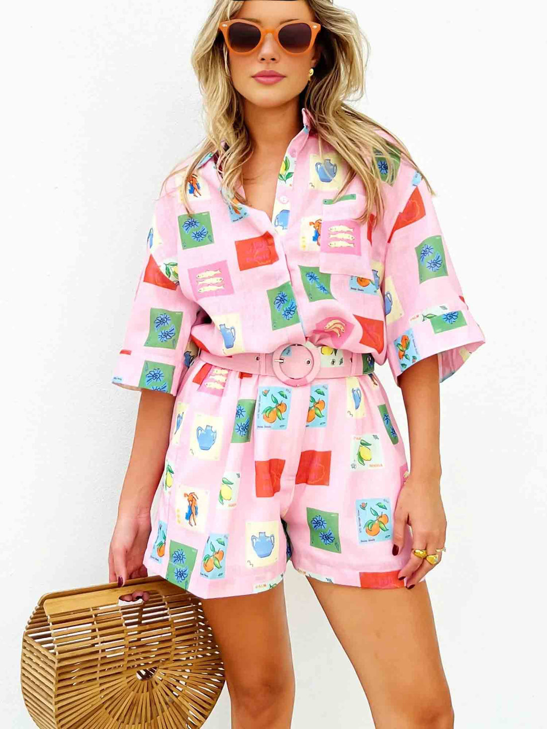 Kısa Set - Pembe Pul Baskı