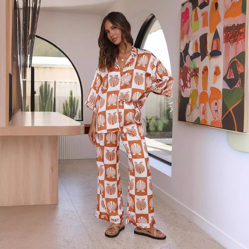 Özel Saten Kabuk Baskılı Geniş Paça Pantolon-Set