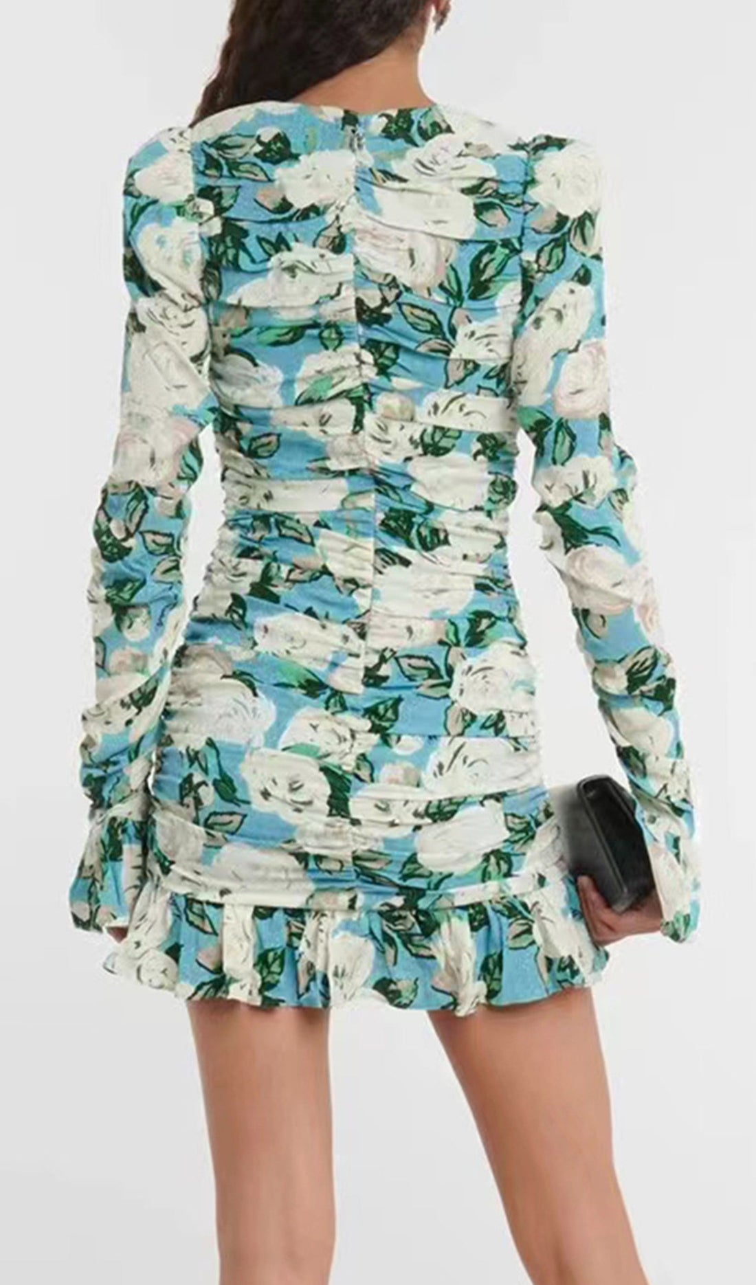 Uzun Kollu Çiçekli Fırfırlı Bodycon Mini Elbise