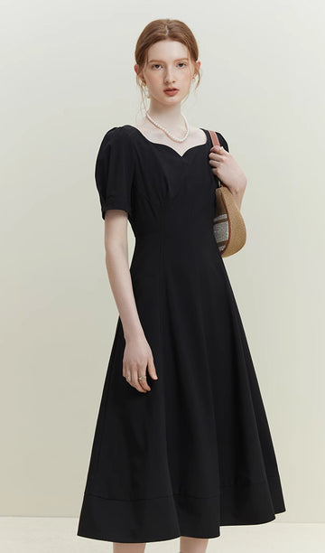 Siyah Simplicity Puf Kollu Midi Elbise