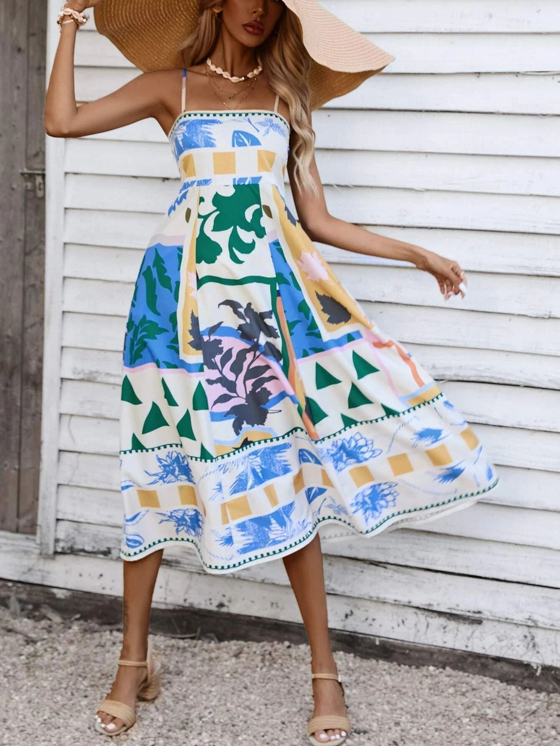 Soyut Patchwork Slip Maksi Elbise