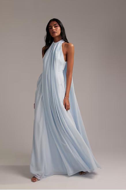 Açık Mavi Grek Drapeli Halter Maxi Elbise