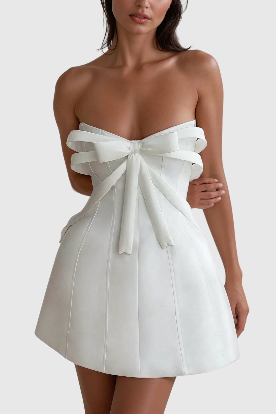 Ananiasz Straplez Fiyonklu Bodycon Mini Elbise Beyaz
