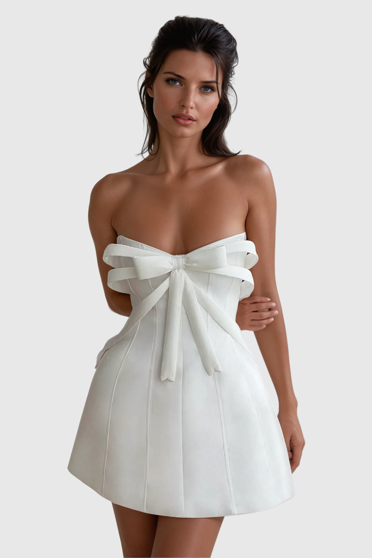 Ananiasz Straplez Fiyonklu Bodycon Mini Elbise Beyaz