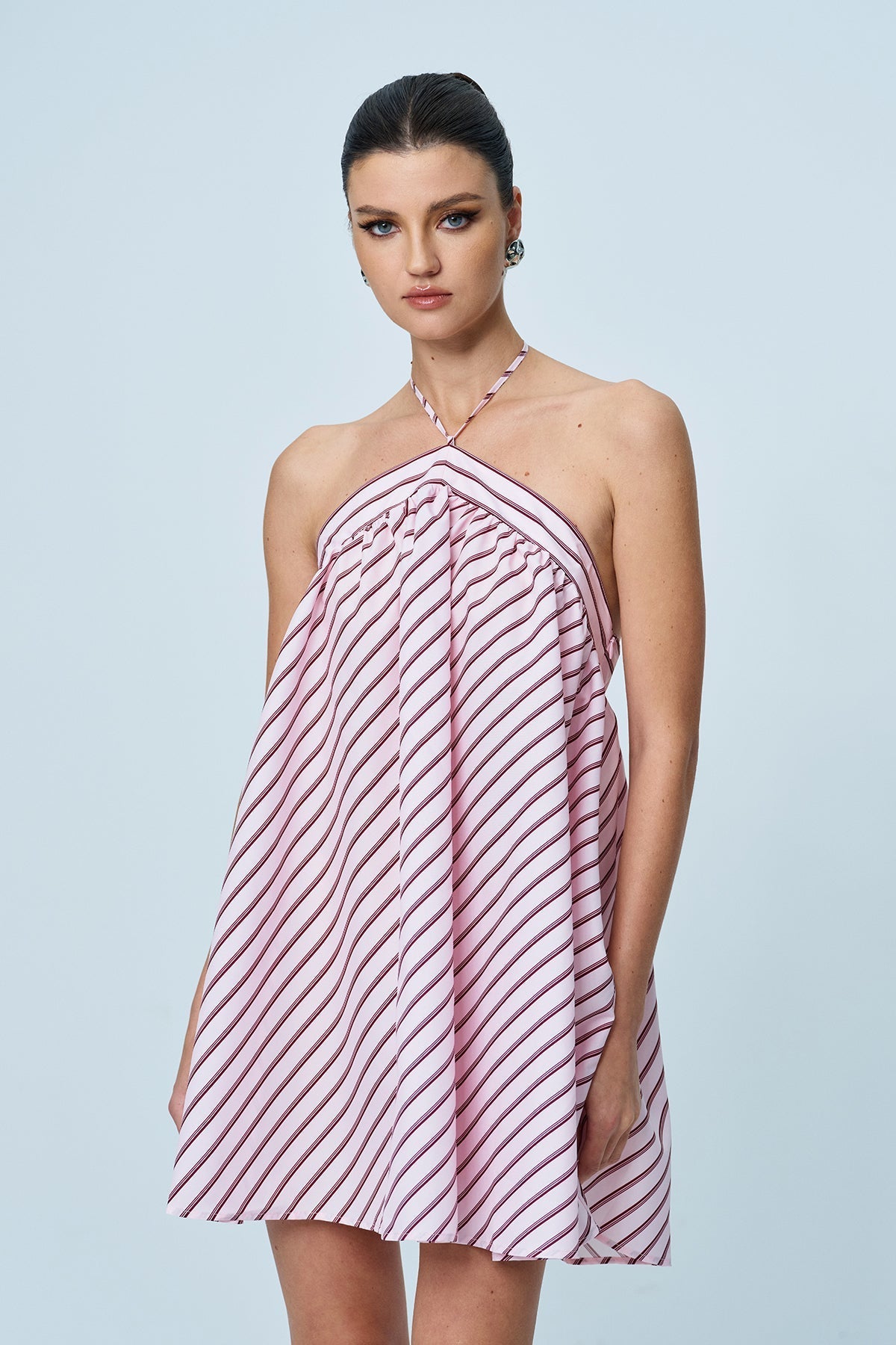 Anjang Halter Yaka Çizgili Mini Elbise