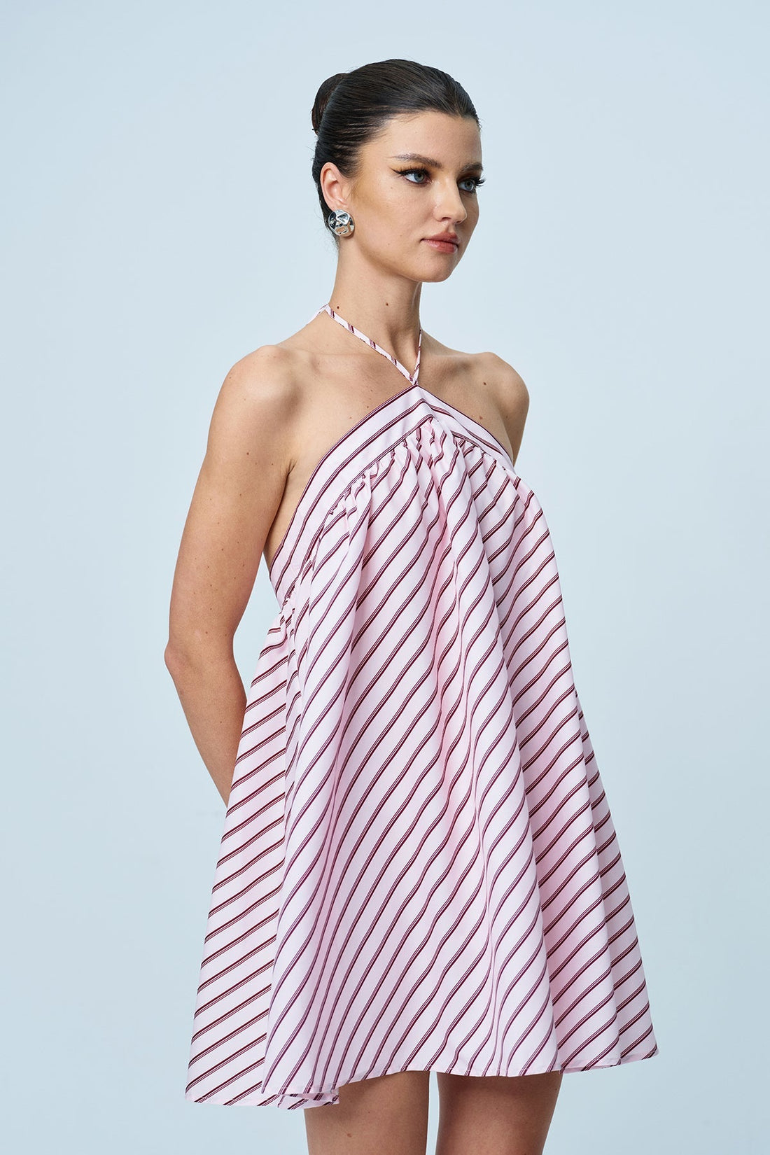 Anjang Halter Yaka Çizgili Mini Elbise
