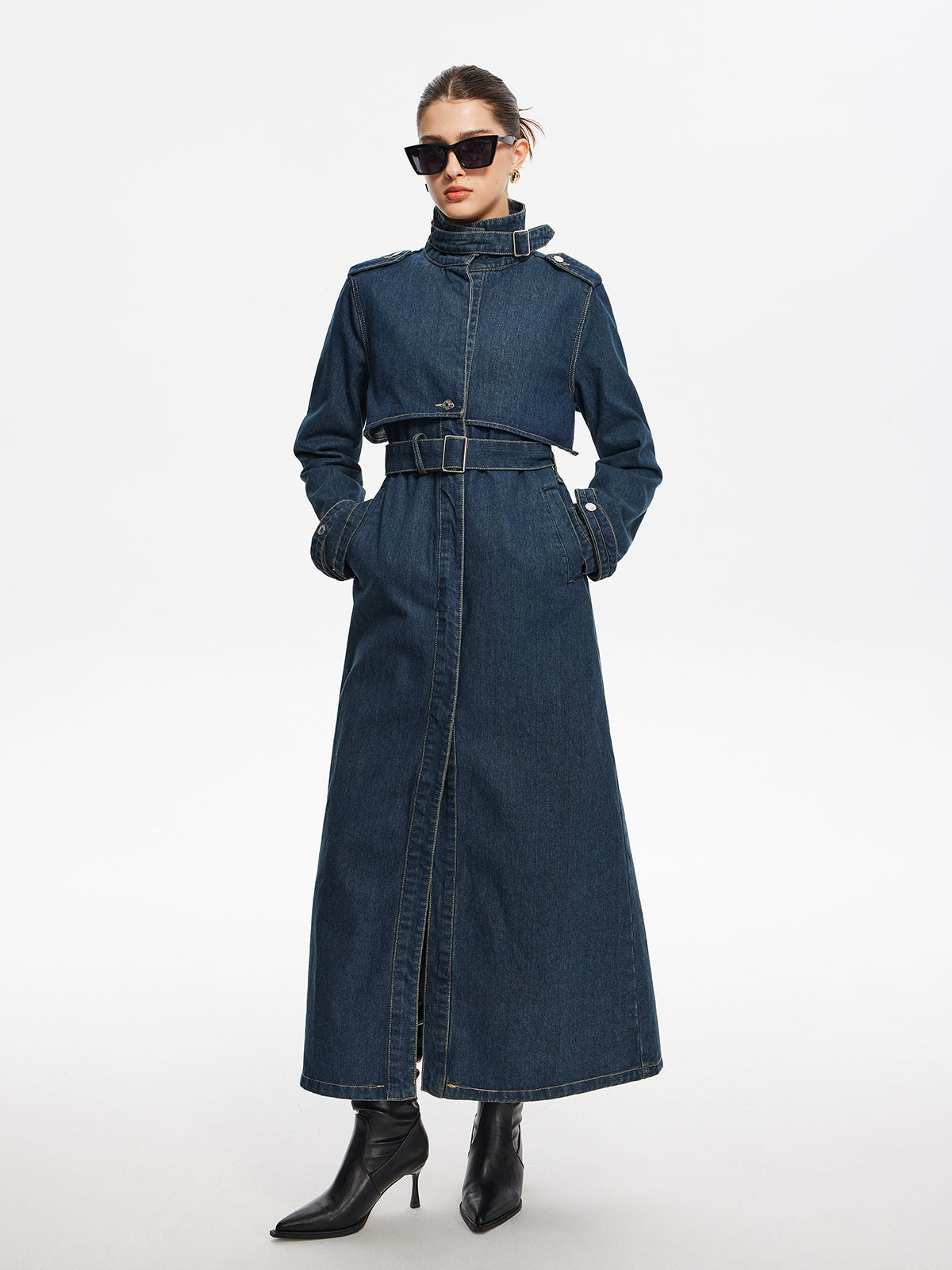 Düğmeli Kuşaklı Denim Uzun Kaban