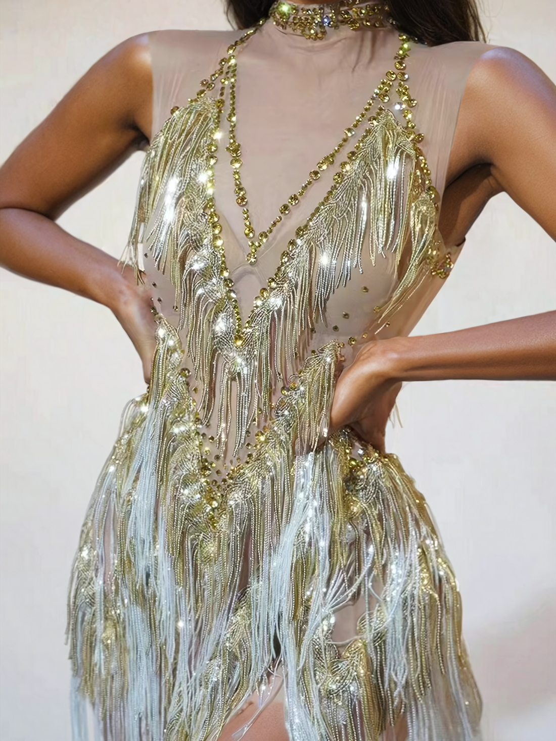 Buggan Rhinestone Saçaklı Örgü Mini Elbise Altın