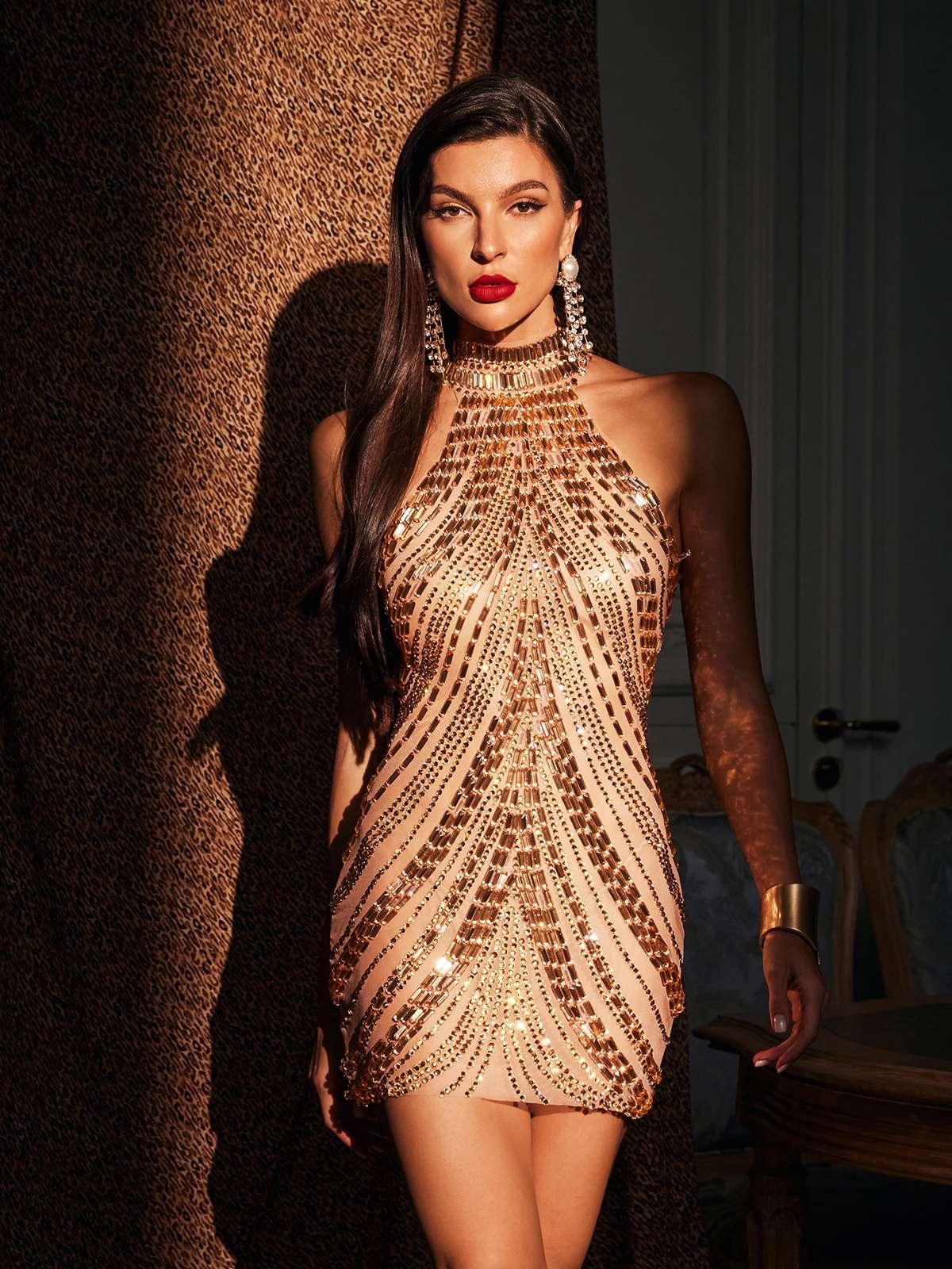 Fella Halterneck Rhinestone Mini Elbise