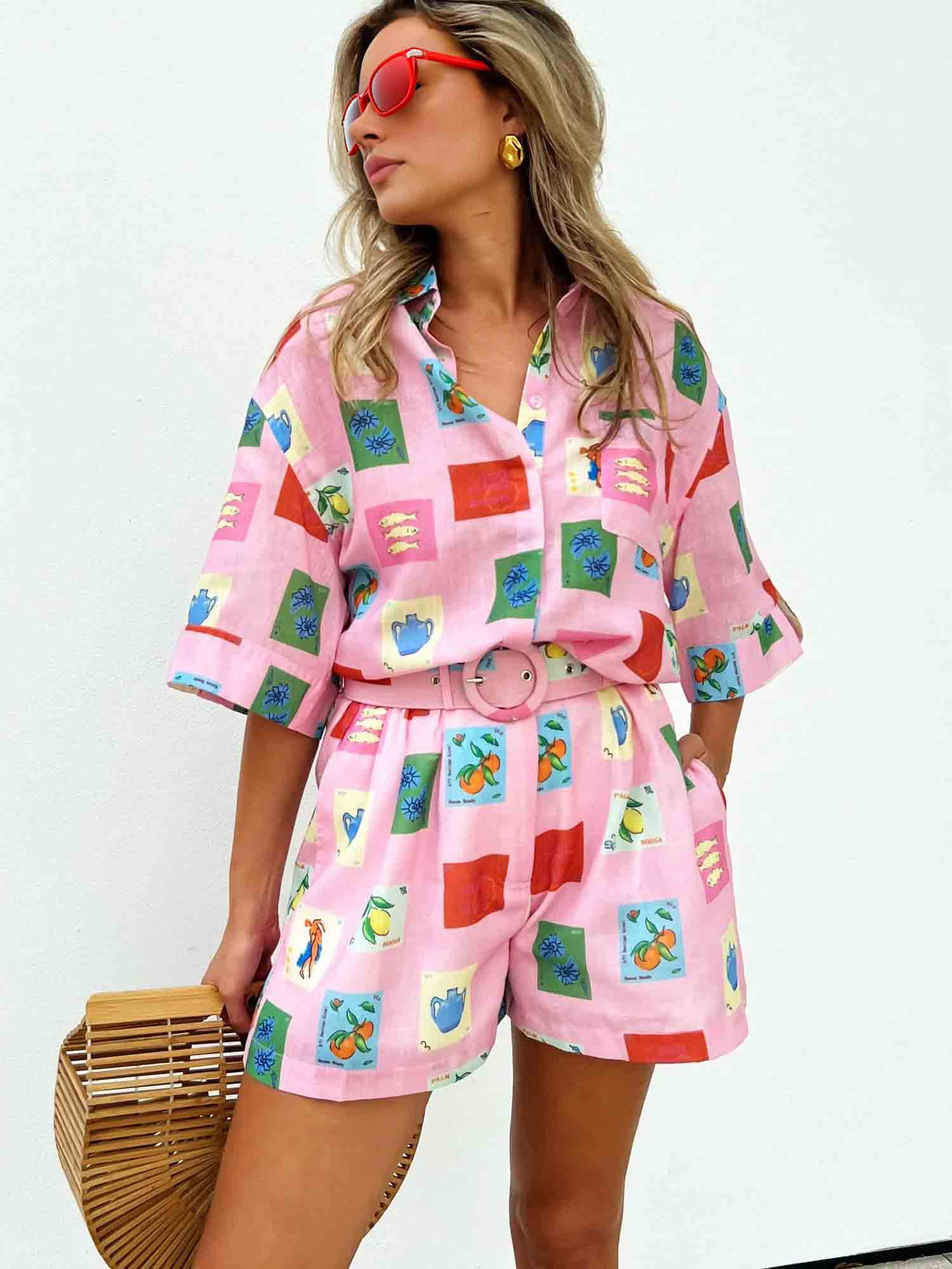 Kısa Set - Pembe Pul Baskı