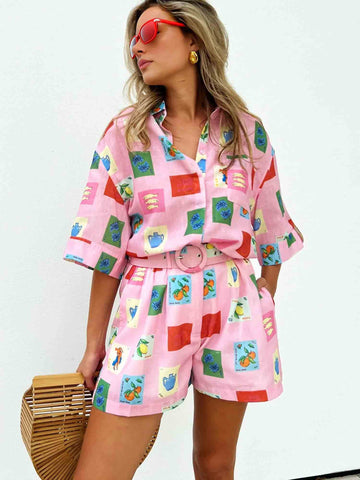 Kısa Set - Pembe Pul Baskı