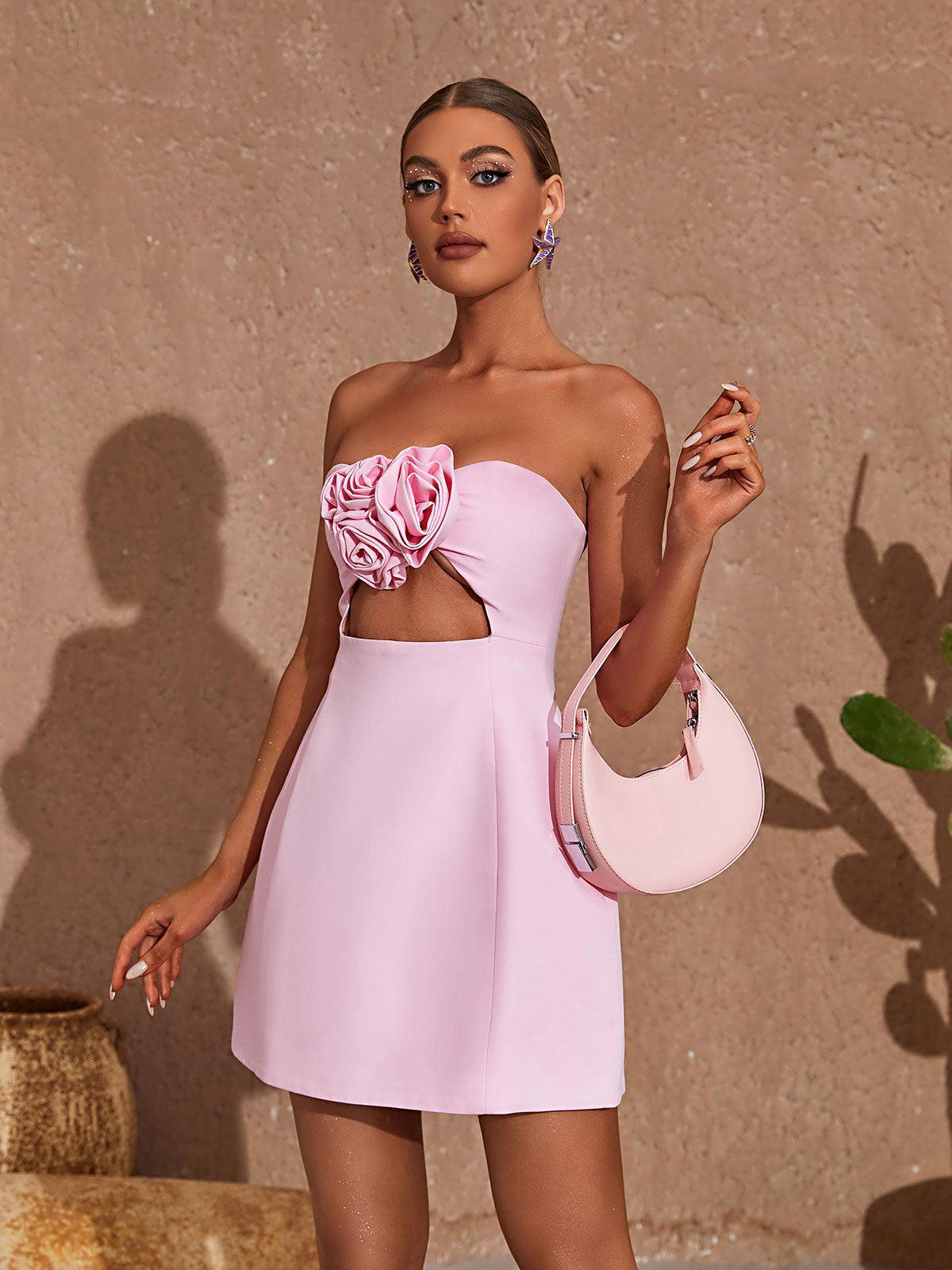 Kinsley Straplez Dekolteli Pembe Mini Elbise