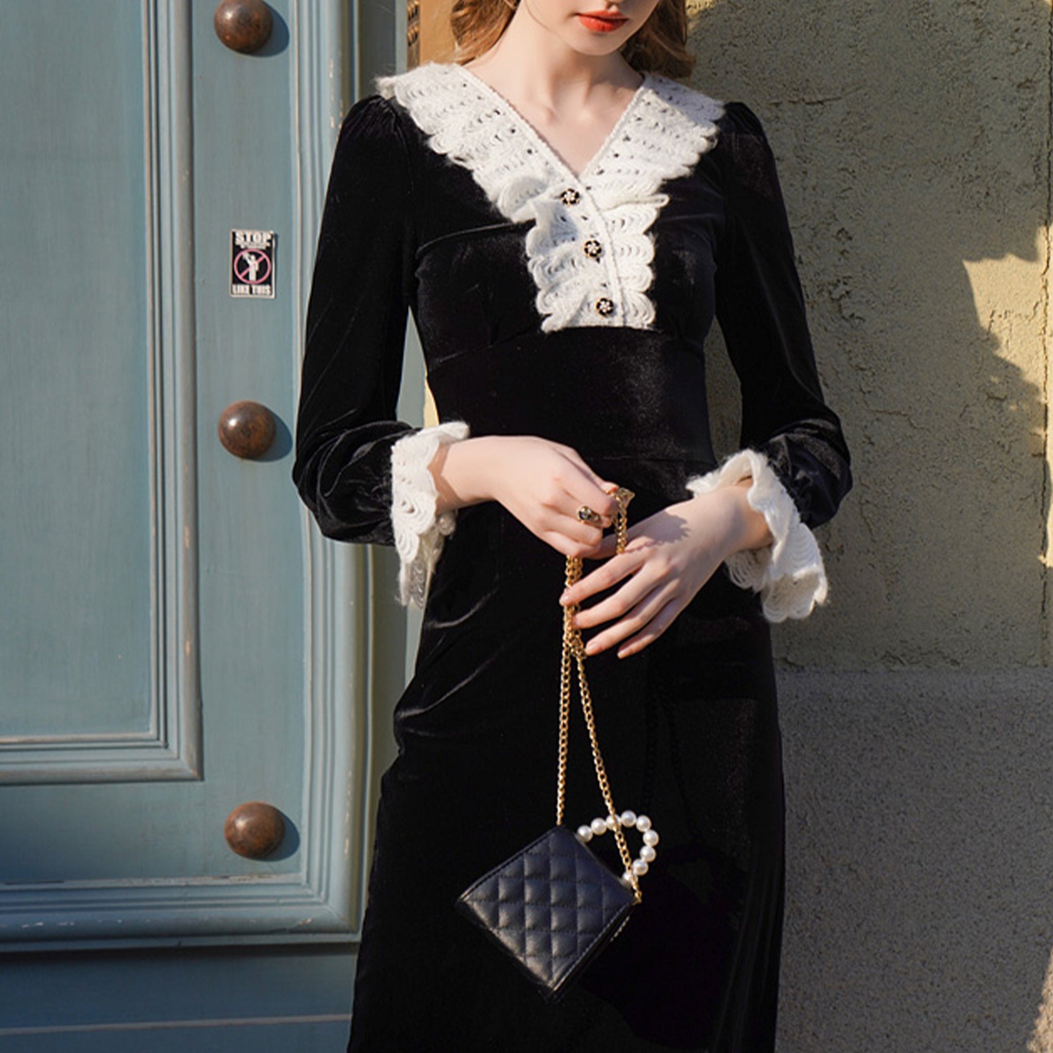 Vintage Slim Fit Dantel Siyah Kadife Midi Elbise