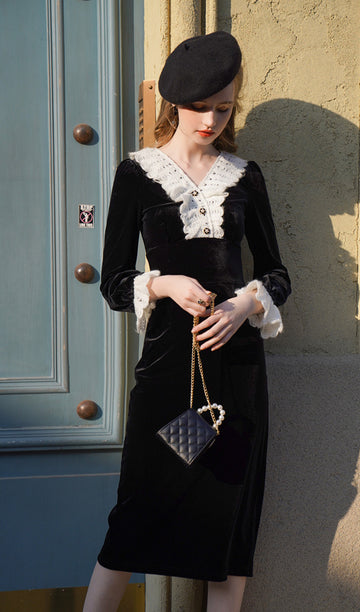 Vintage Slim Fit Dantel Siyah Kadife Midi Elbise