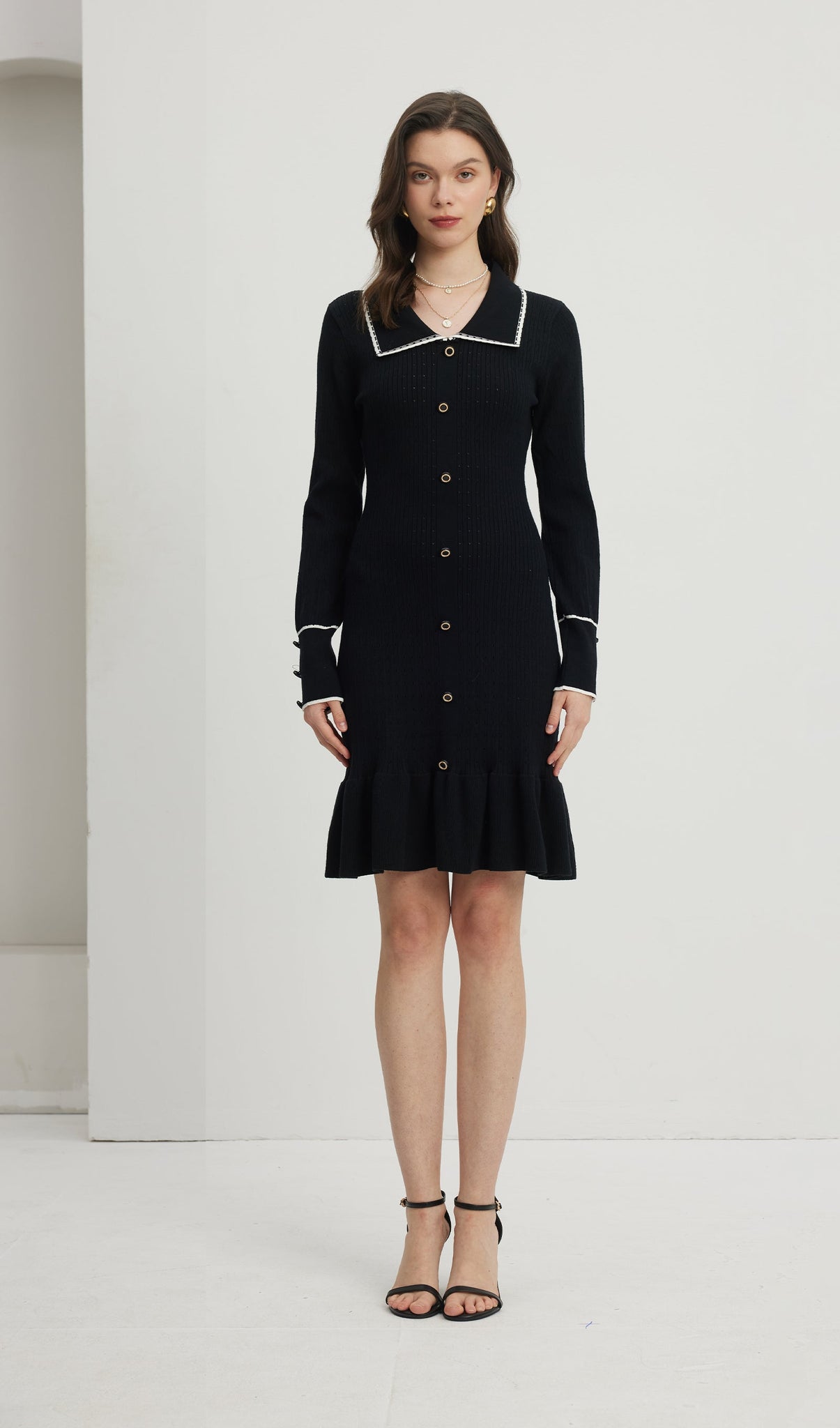 Fitted Textured Jersey Mini Elbise-Siyah