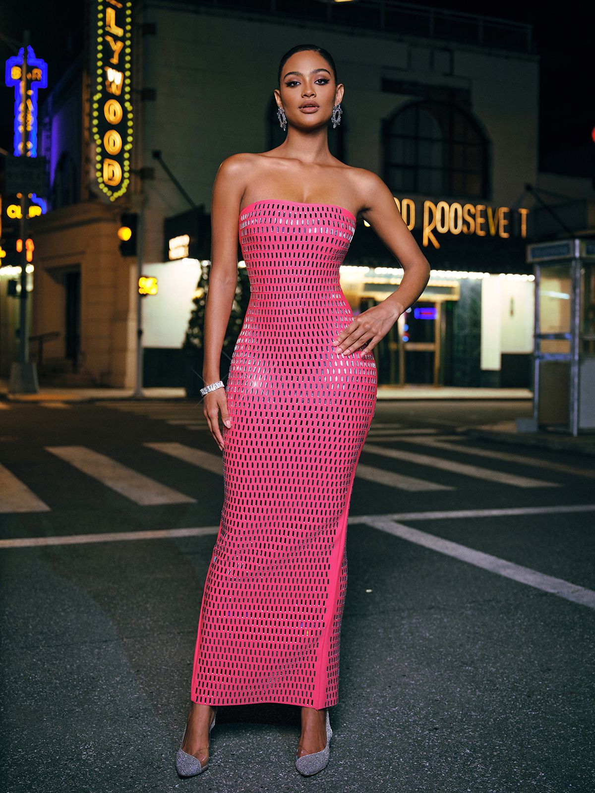 Ridley Rhinestone Maksi Elbise Sıcak Pembe