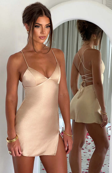 Avril - Şampanya Rengi Mini Elbise
