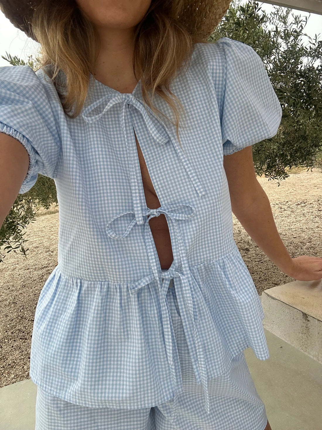 Önü Bağcıklı Pamuklu Peplum Bluz Şort